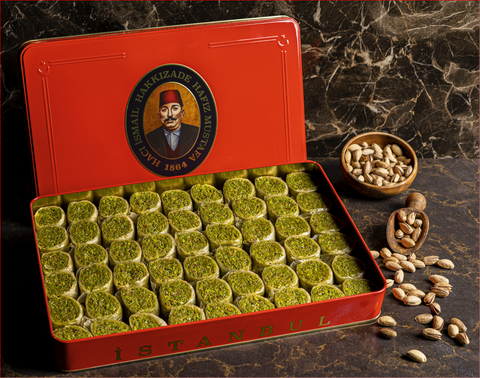 Pistachio Saray Rolls Baklava - XL size Metal Box  Appr. 2250 Gr